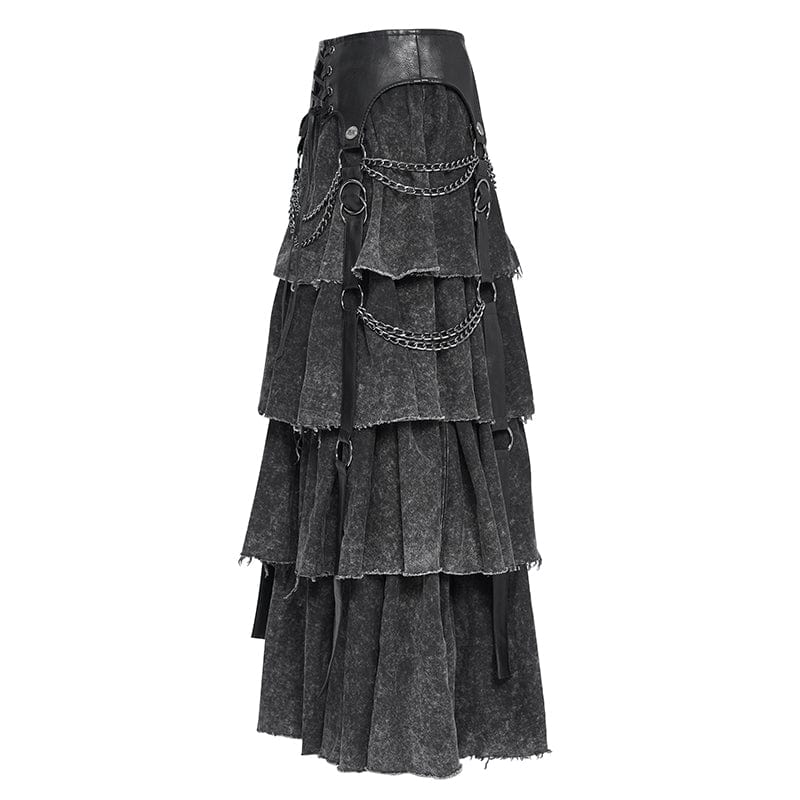 DEVIL FASHION Women's Punk Distressed Layered Lace-up Skirt