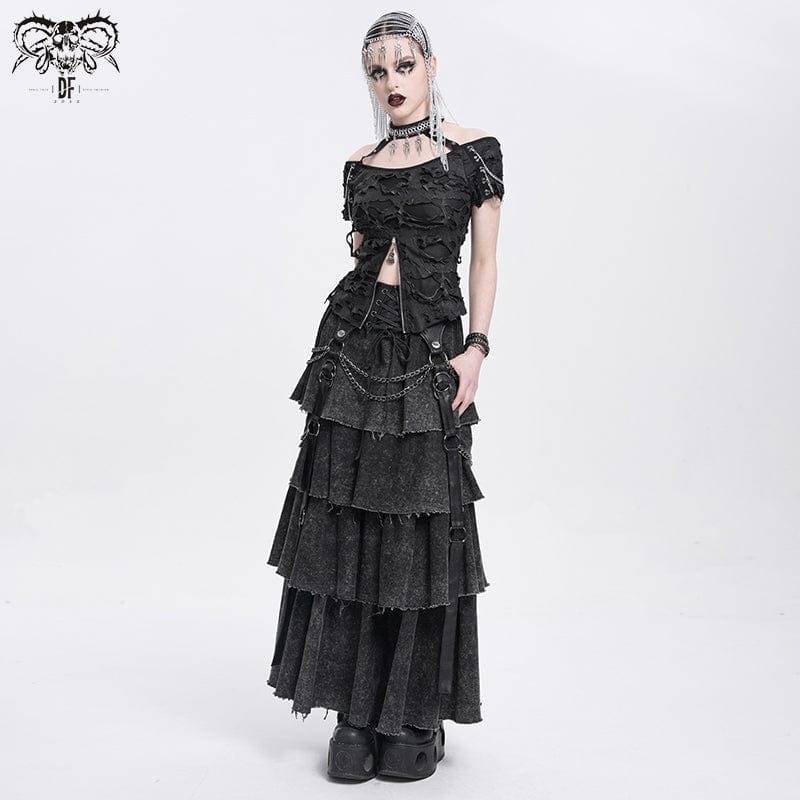 DEVIL FASHION Women's Punk Distressed Layered Lace-up Skirt