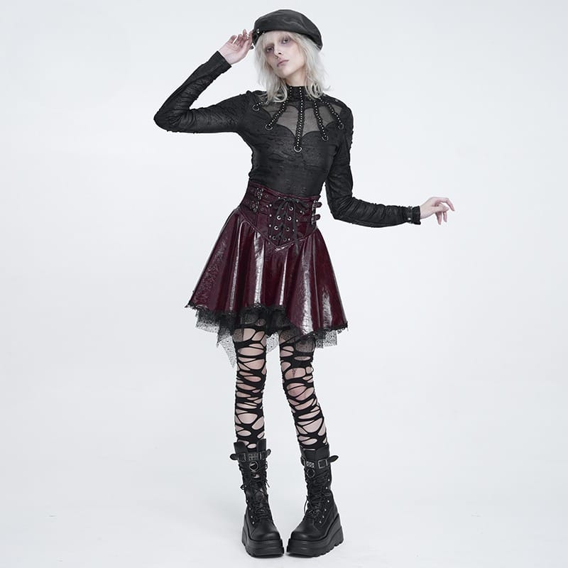 DEVIL FASHION Women's Punk Distressed Mock Neck Long Sleeve Top