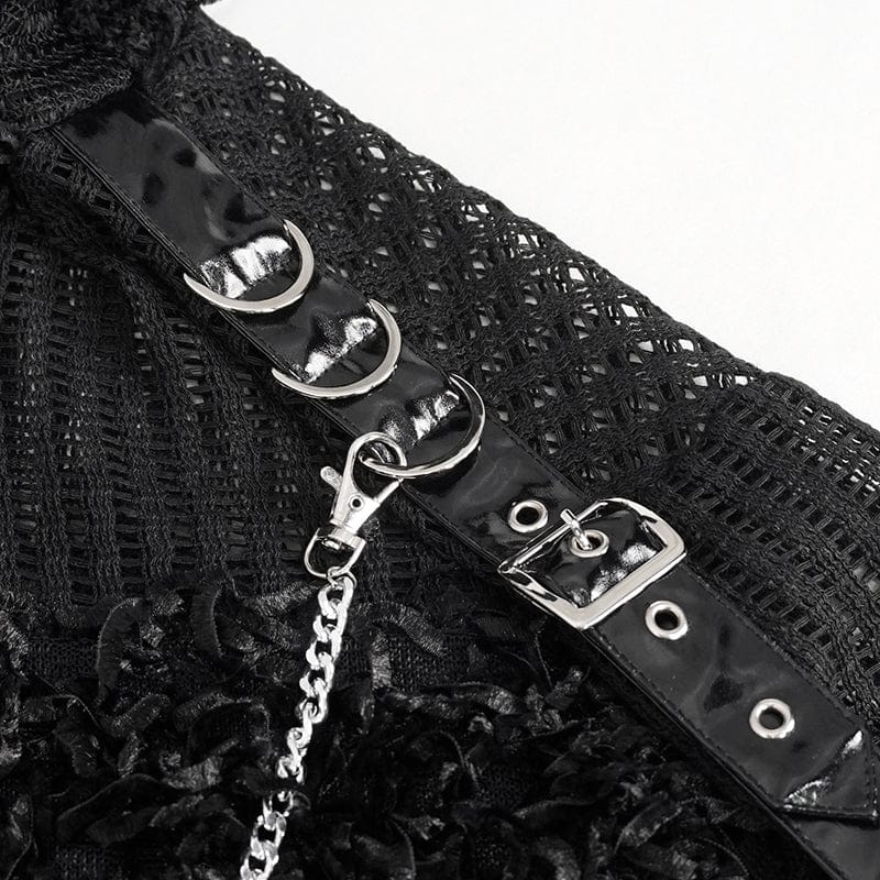 DEVIL FASHION Women's Punk Distressed Sheer Sweater with Hood and Chain