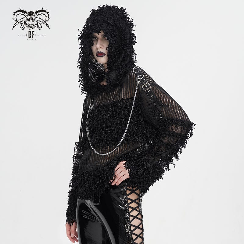 DEVIL FASHION Women's Punk Distressed Sheer Sweater with Hood and Chain