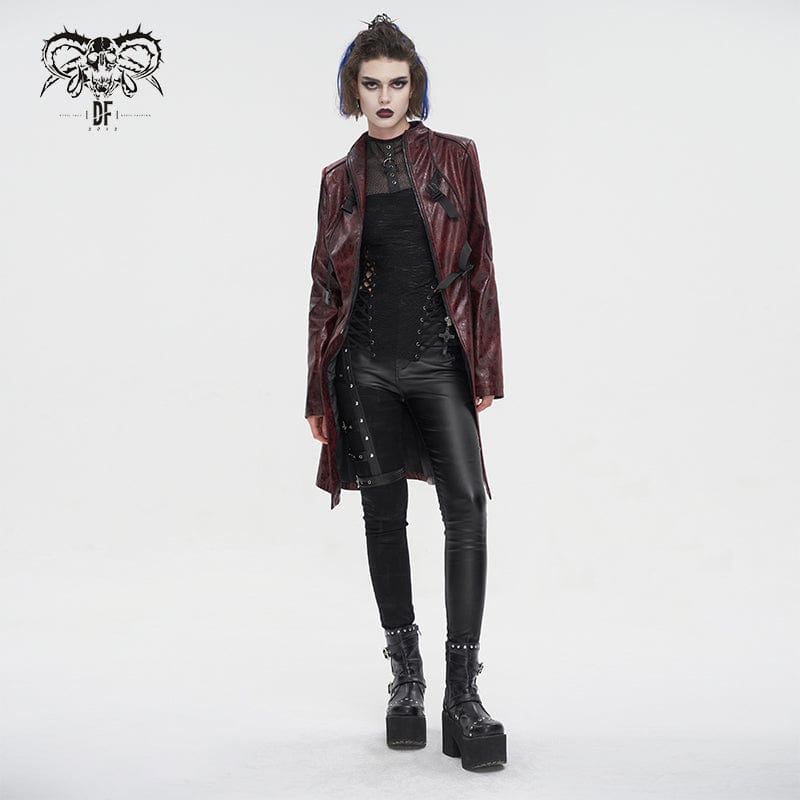 DEVIL FASHION Women's Punk Double-buckle Faux Leather Coat Red