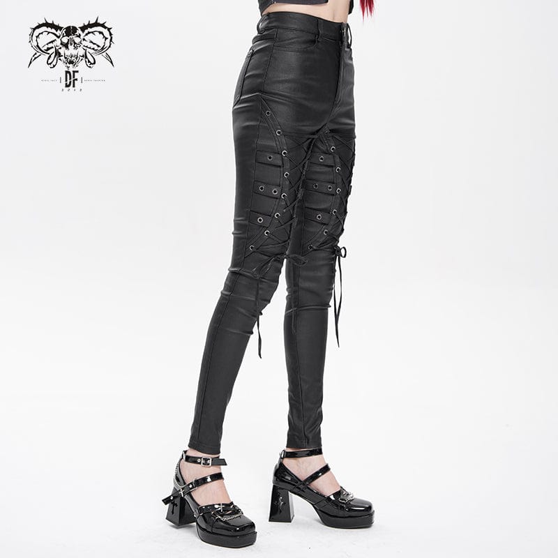 DEVIL FASHION Women's Punk Eyelet Strap Lace-up Pants