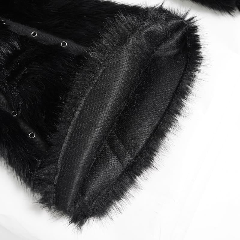DEVIL FASHION Women's Punk Eyelets Chains Faux Fur Splice Flare Pants