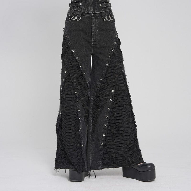 DEVIL FASHION Women's Punk Eyelets Layered Ripped Pants