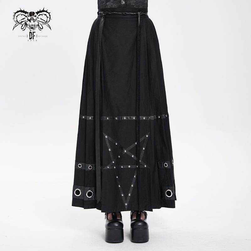 DEVIL FASHION Women's Punk Eyelets Rivets Pentacle Horse-face Skirt