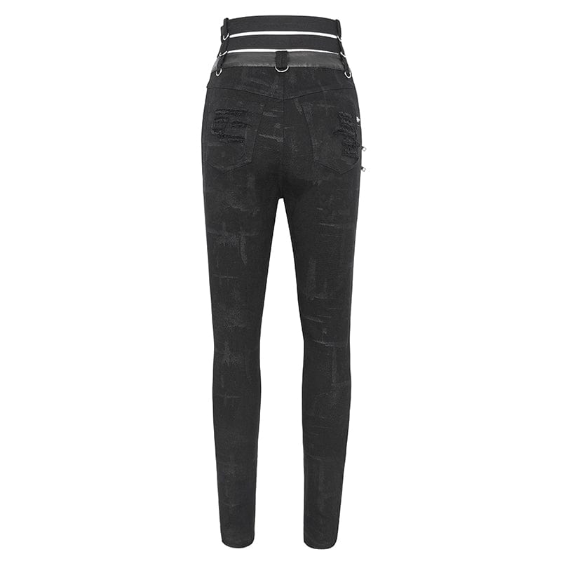 DEVIL FASHION Women's Punk High-waisted Ripped Buckle Pants