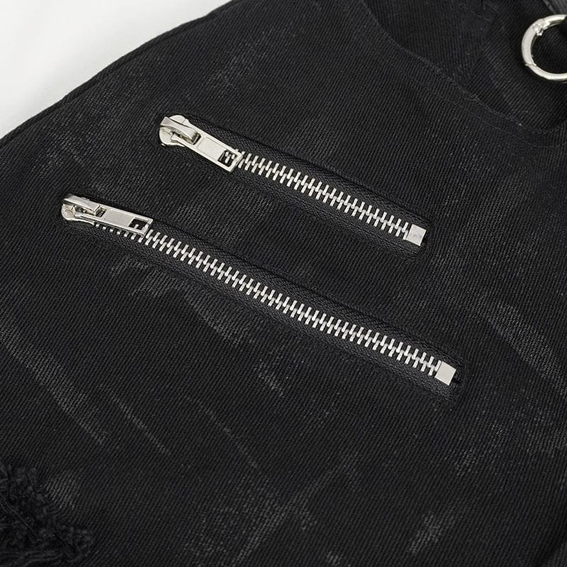 DEVIL FASHION Women's Punk High-waisted Ripped Buckle Pants