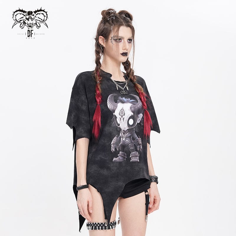 DEVIL FASHION Women's Punk Hitt Printed Irregular T-shirt