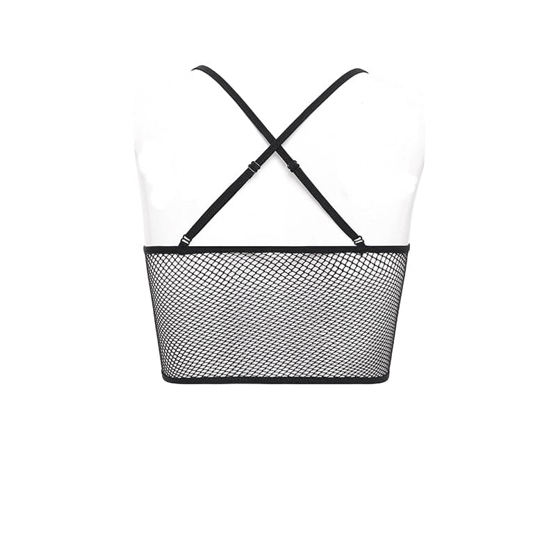 DEVIL FASHION Women's Punk Irregular Mesh Splice Tank Top