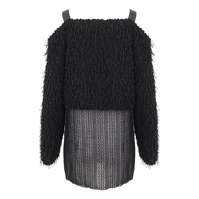DEVIL FASHION Women's Punk Irregular Off Shoulder Fluffy Sweater