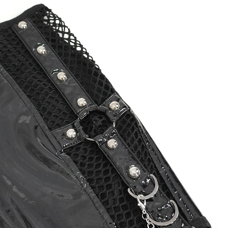 DEVIL FASHION Women's Punk Irregular Patent Leather Skirt with Mesh Stocking