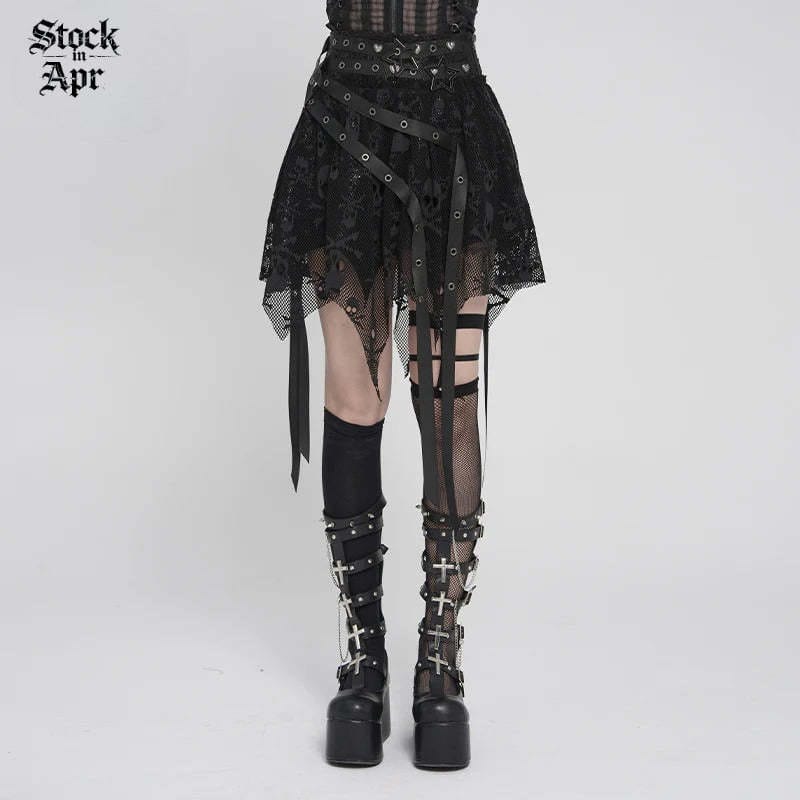 DEVIL FASHION Women's Punk Irregular Skull Eyelet Straps Mesh Skirt Black