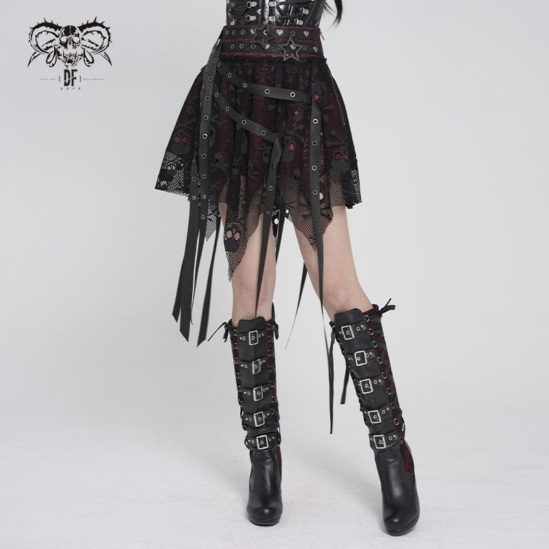 DEVIL FASHION Women's Punk Irregular Skull Eyelet Straps Mesh Skirt Black-Red
