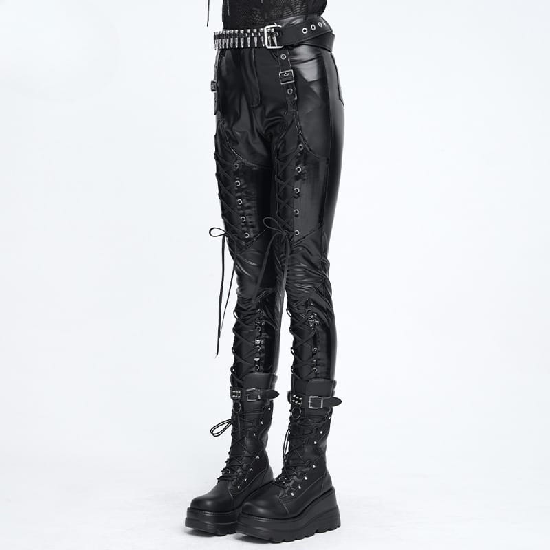 DEVIL FASHION Women's Punk Lace-up Buckle Strap Leggings