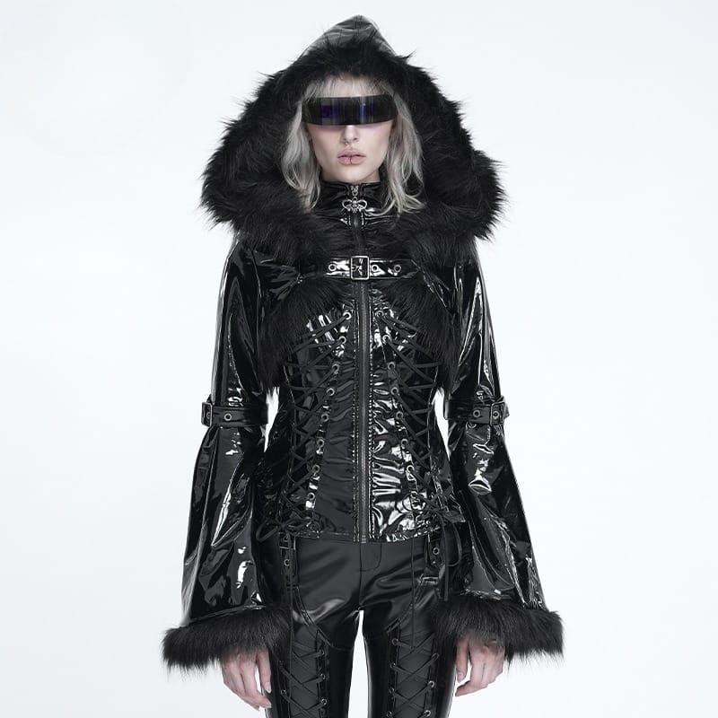 DEVIL FASHION Women's Punk Lace-up Buckle Straps Hooded Jacket