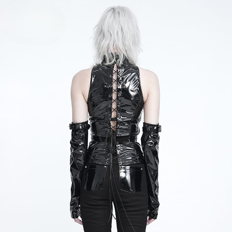 DEVIL FASHION Women's Punk Lace-up High Neck Vest with Waist Harness & Arm Sleeves