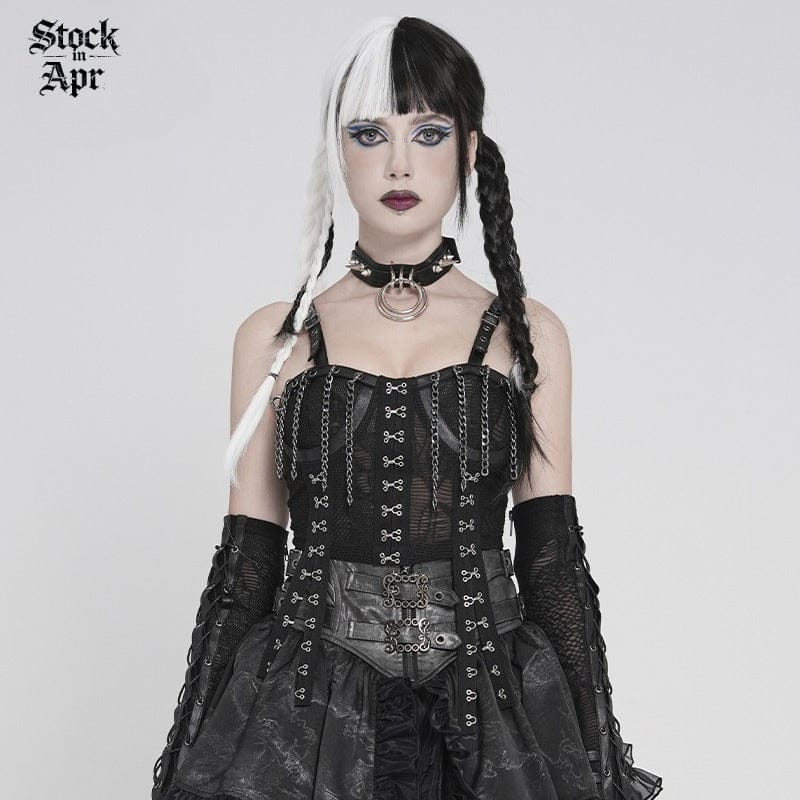DEVIL FASHION Women's Punk Lace-up Strappy Chained Bustier