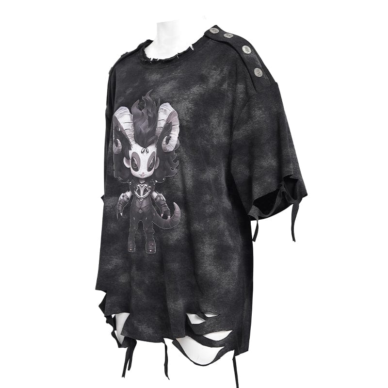 DEVIL FASHION Women's Punk Lilimar Printed Ripped T-shirt