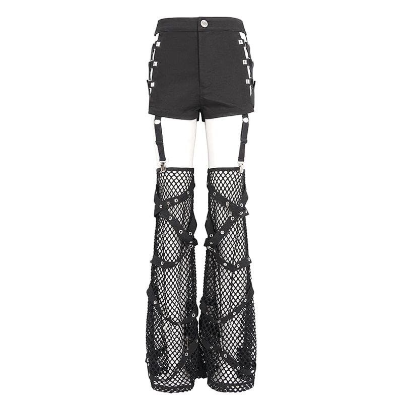 DEVIL FASHION Women's Punk Mesh Cutout Buckle Stud Shorts