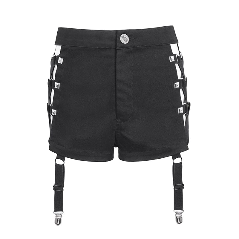 DEVIL FASHION Women's Punk Mesh Cutout Buckle Stud Shorts