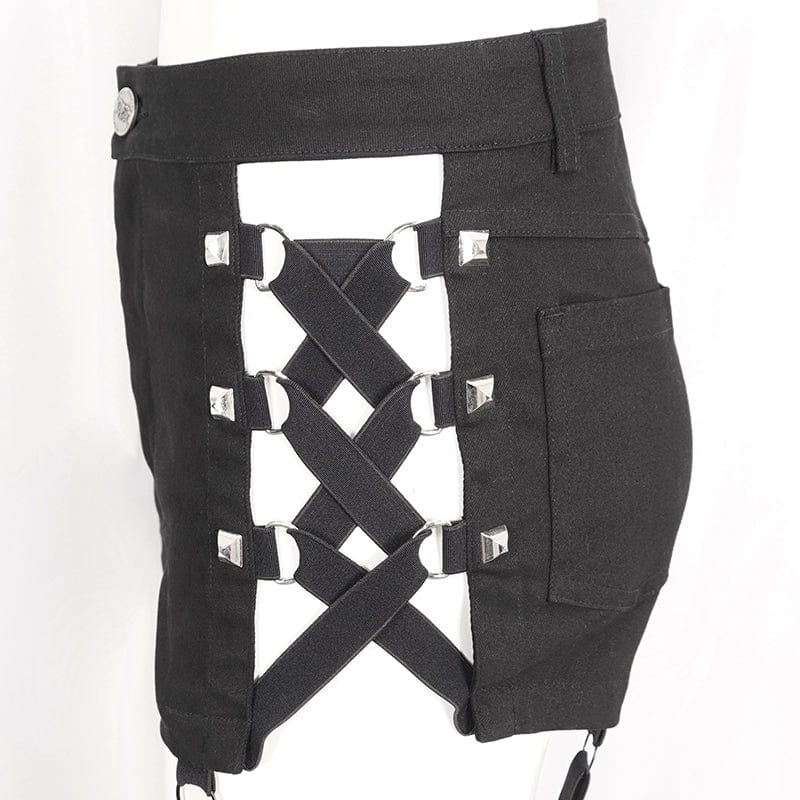 DEVIL FASHION Women's Punk Mesh Cutout Buckle Stud Shorts