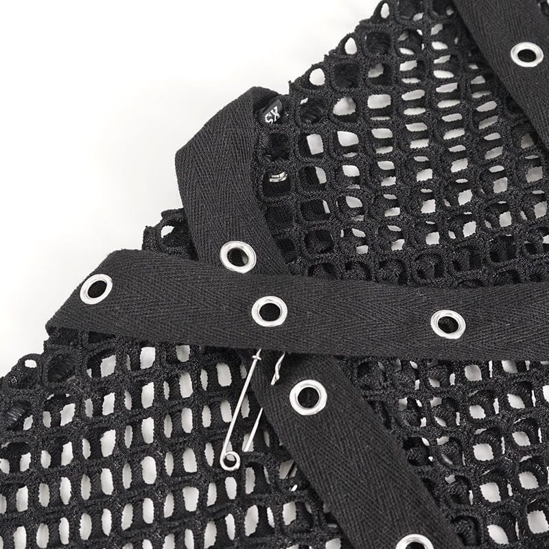 DEVIL FASHION Women's Punk Mesh Cutout Buckle Stud Shorts