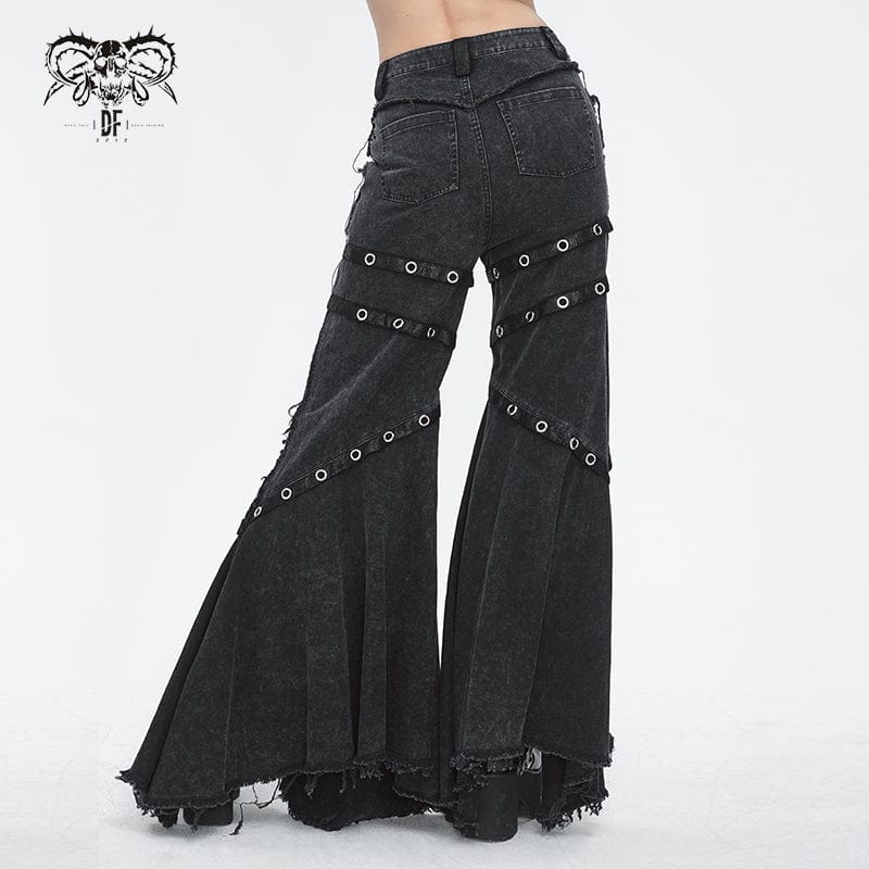 DEVIL FASHION Women's Punk Mesh Eyelets Ruffled Flared Pants