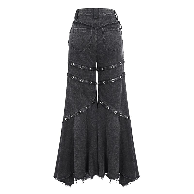 DEVIL FASHION Women's Punk Mesh Eyelets Ruffled Flared Pants