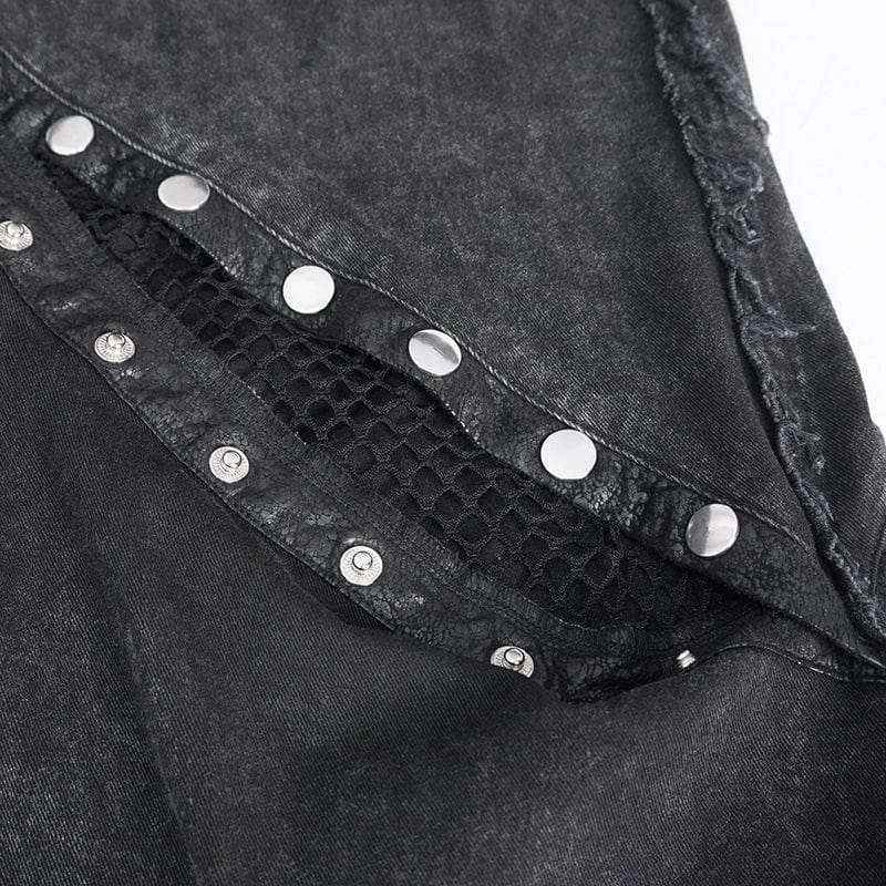 DEVIL FASHION Women's Punk Mesh Eyelets Ruffled Flared Pants