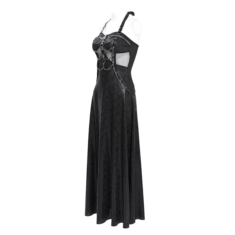 DEVIL FASHION Women's Punk Mesh Splice Chained Halterneck Honeymoon Dress