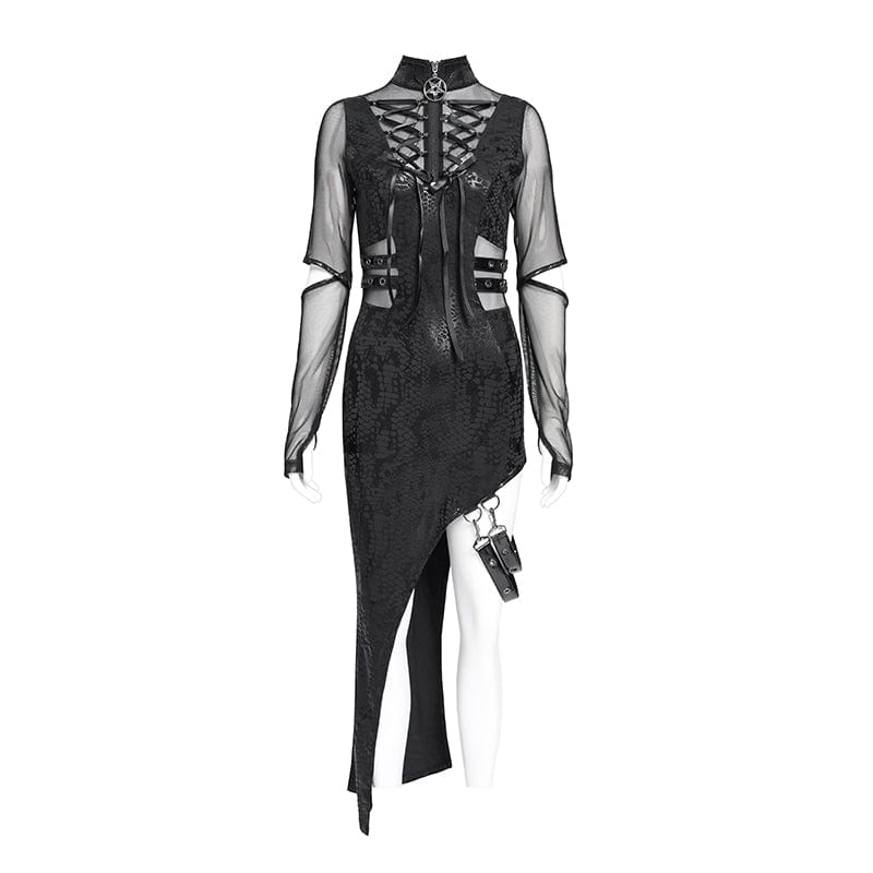 DEVIL FASHION Women's Punk Mesh Splice Cutout Dress with Detachable Strap