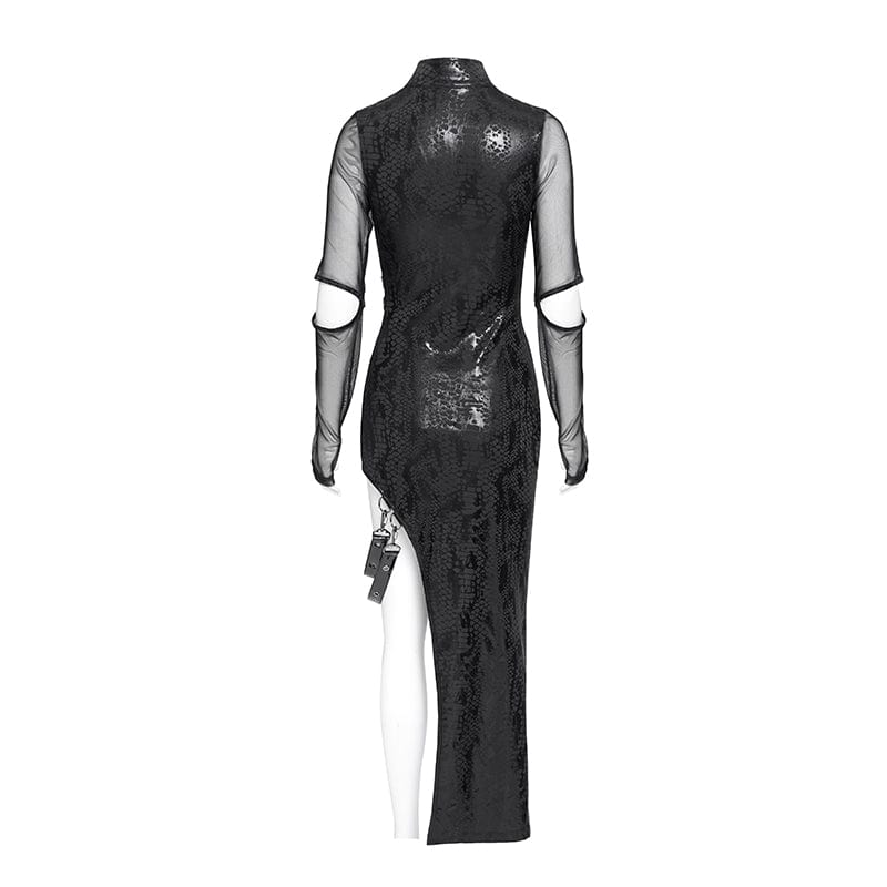 DEVIL FASHION Women's Punk Mesh Splice Cutout Dress with Detachable Strap