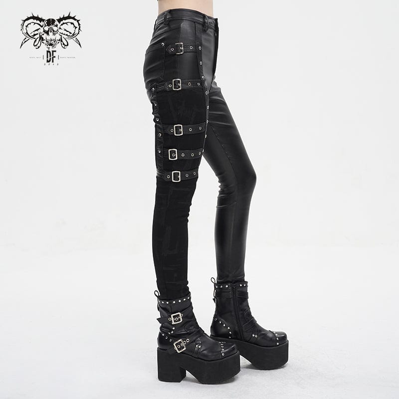 DEVIL FASHION Women's Punk Multi-buckle Splice Pants