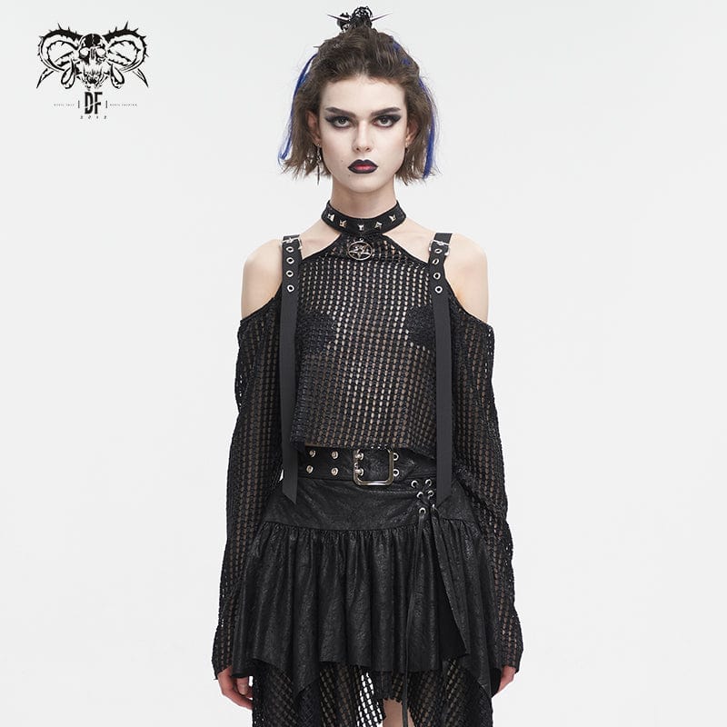 DEVIL FASHION Women's Punk Off Shoulder Buckle Sheer Crop Top Black