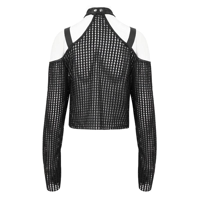 DEVIL FASHION Women's Punk Off Shoulder Buckle Sheer Crop Top Black