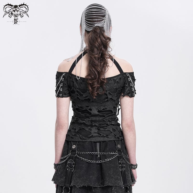 DEVIL FASHION Women's Punk Off-the-shoulder Ripped Shirt