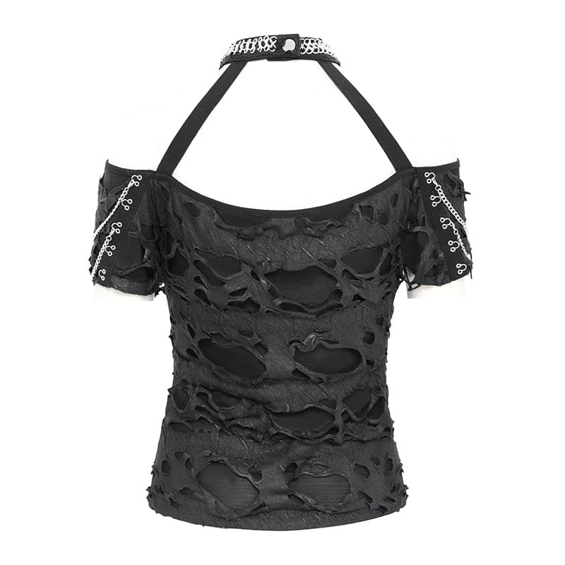 DEVIL FASHION Women's Punk Off-the-shoulder Ripped Shirt