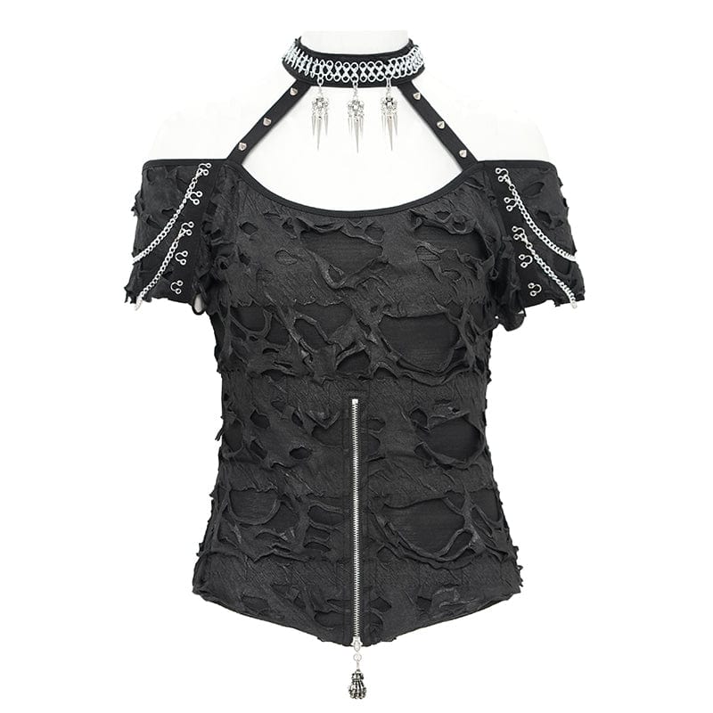 DEVIL FASHION Women's Punk Off-the-shoulder Ripped Shirt