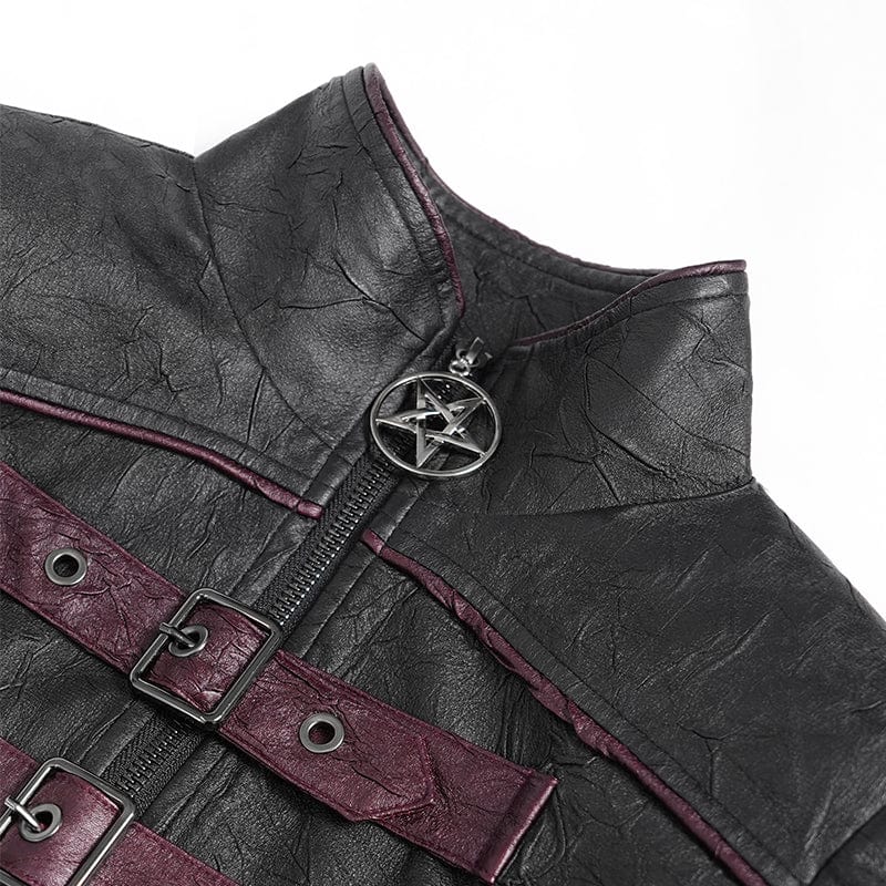 DEVIL FASHION Women's Punk Pentacle Buckle Strap Lace-up Jacket Black
