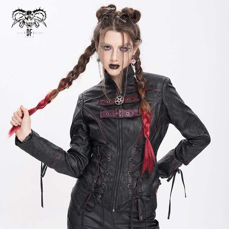 DEVIL FASHION Women's Punk Pentacle Buckle Strap Lace-up Jacket Black