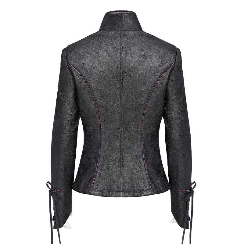 DEVIL FASHION Women's Punk Pentacle Buckle Strap Lace-up Jacket Black