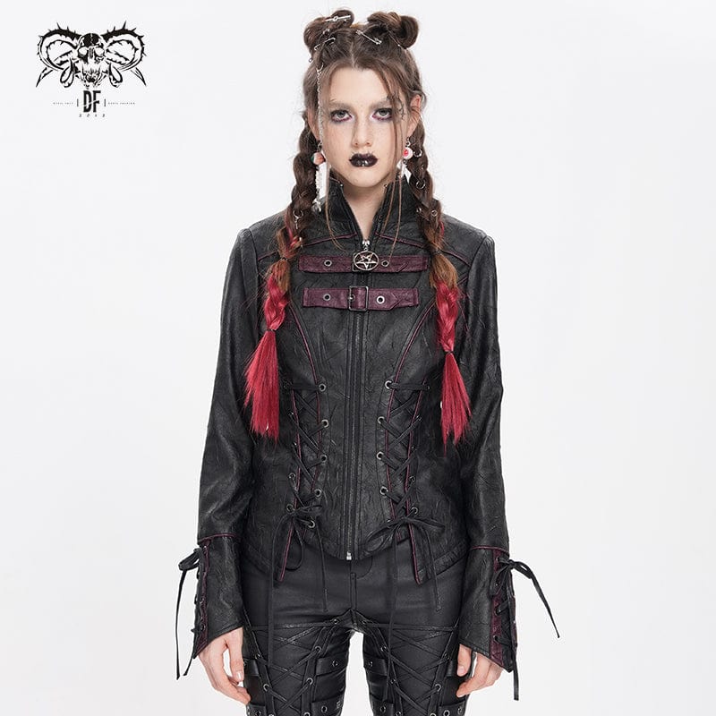 DEVIL FASHION Women's Punk Pentacle Buckle Strap Lace-up Jacket Black