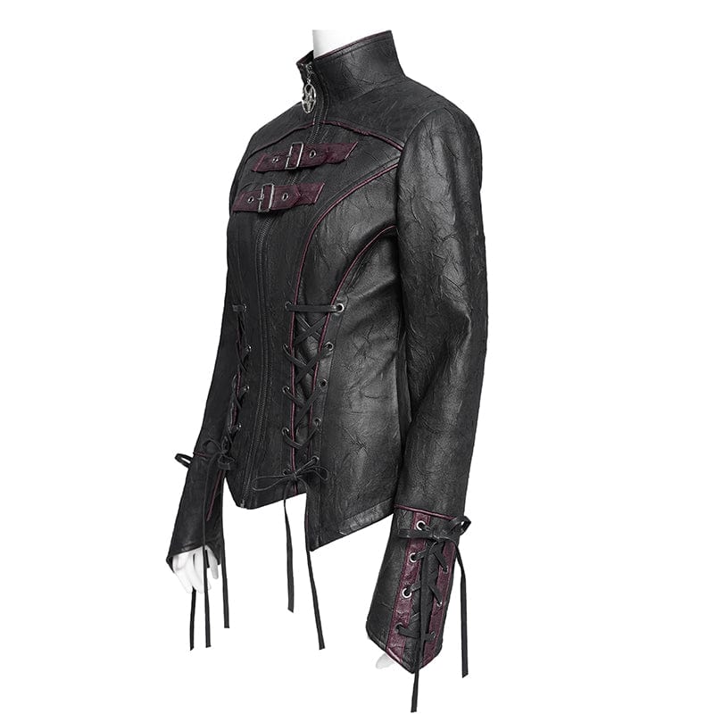 DEVIL FASHION Women's Punk Pentacle Buckle Strap Lace-up Jacket Black