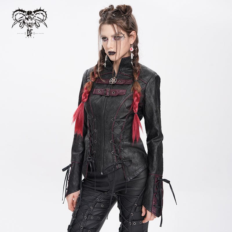 DEVIL FASHION Women's Punk Pentacle Buckle Strap Lace-up Jacket Black