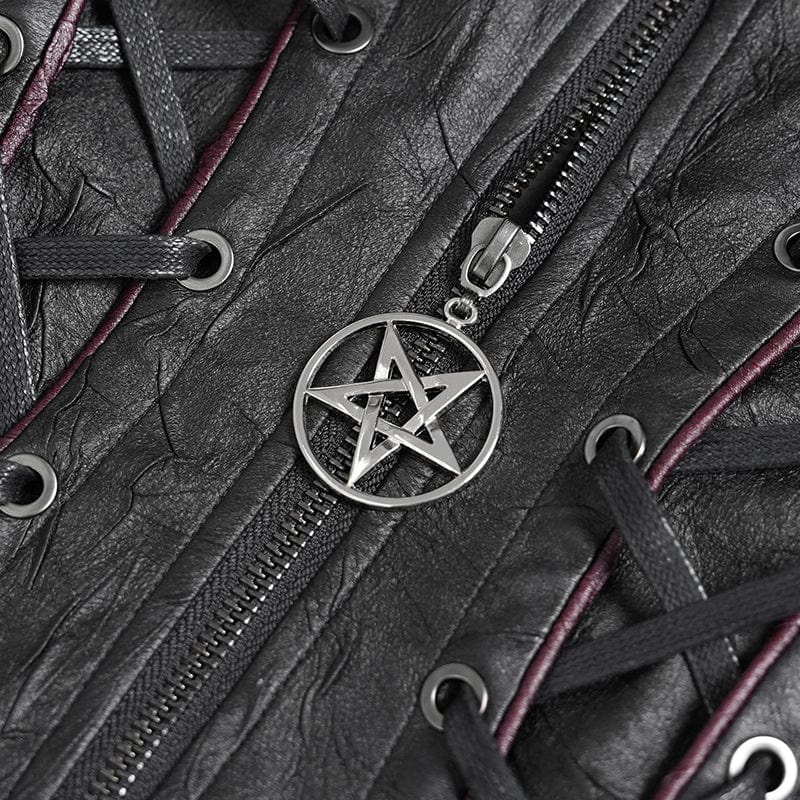 DEVIL FASHION Women's Punk Pentacle Buckle Strap Lace-up Jacket Black