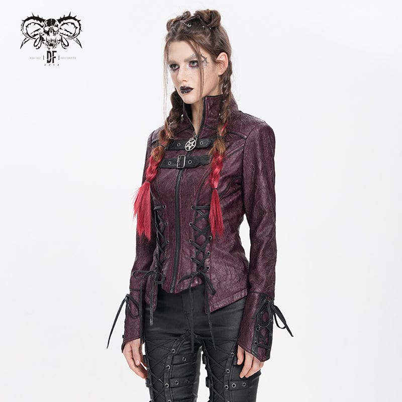 DEVIL FASHION Women's Punk Pentacle Buckle Strap Lace-up Jacket Red