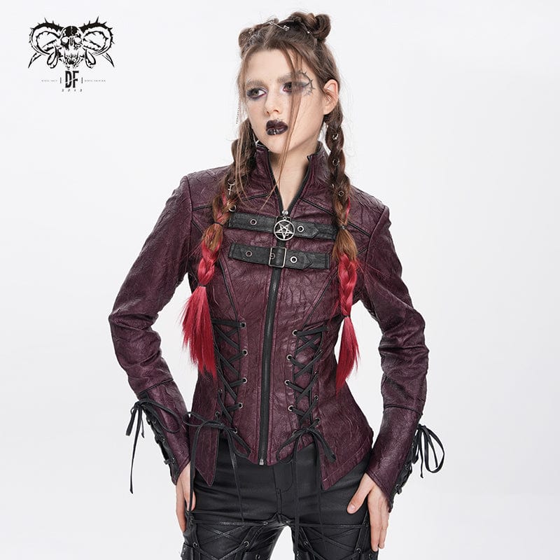 DEVIL FASHION Women's Punk Pentacle Buckle Strap Lace-up Jacket Red