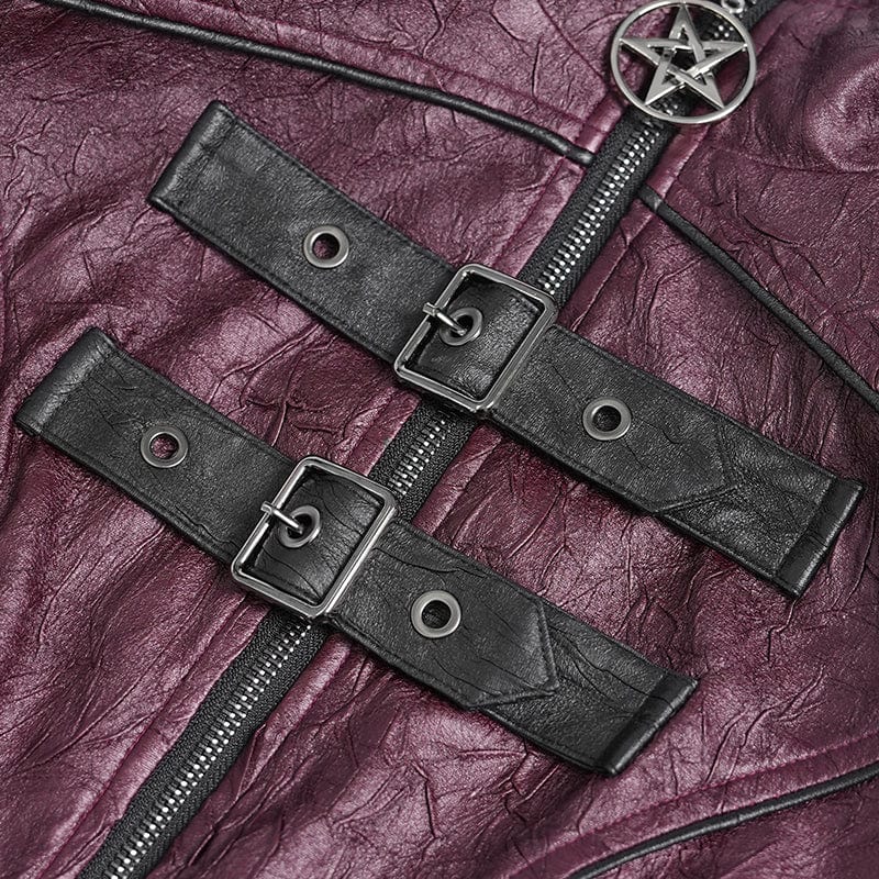 DEVIL FASHION Women's Punk Pentacle Buckle Strap Lace-up Jacket Red