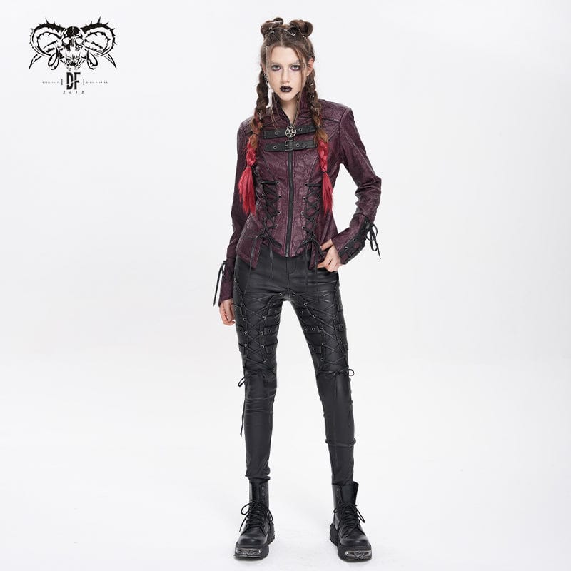 DEVIL FASHION Women's Punk Pentacle Buckle Strap Lace-up Jacket Red